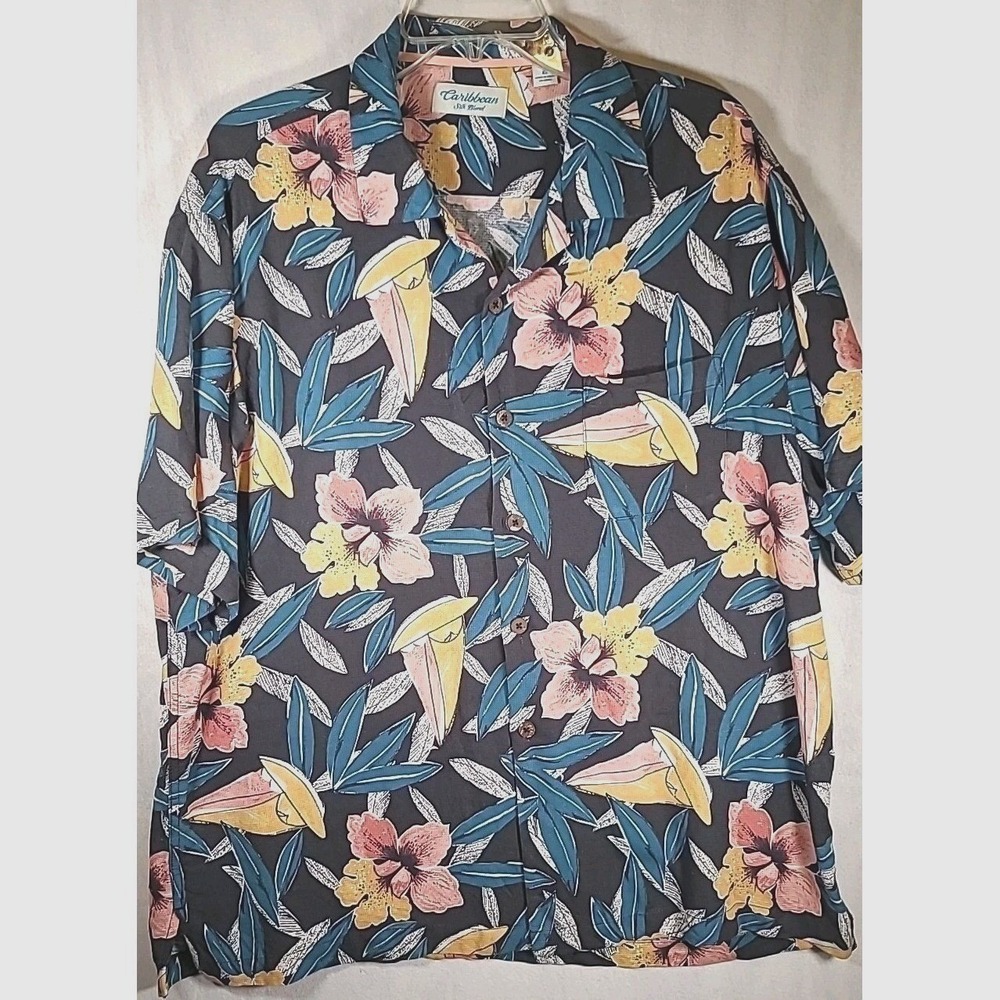 Caribbean Silk Blend Mens XL Tropical Floral Camp Shirt Short Sleeve Charcoal